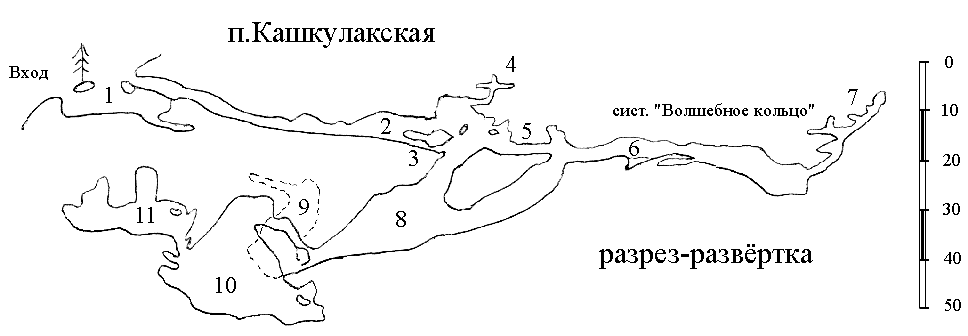 Схема пещеры Кашкулакская, разрез-развёртка